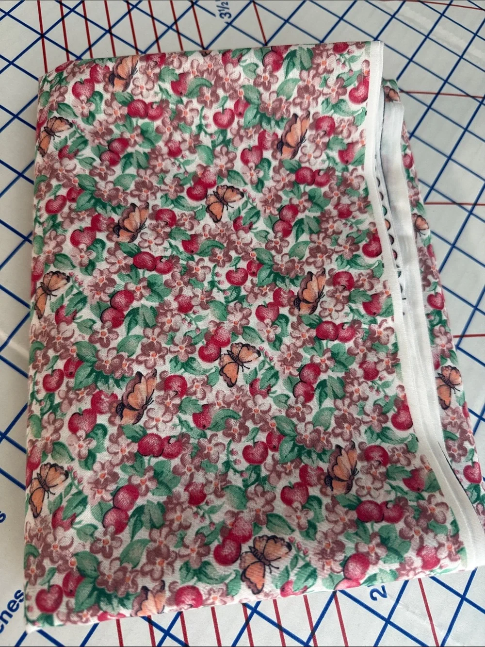 Vintage 1990s Cotton Blend Fabric 2 Yards x 44 Apple Floral Butterfly Print